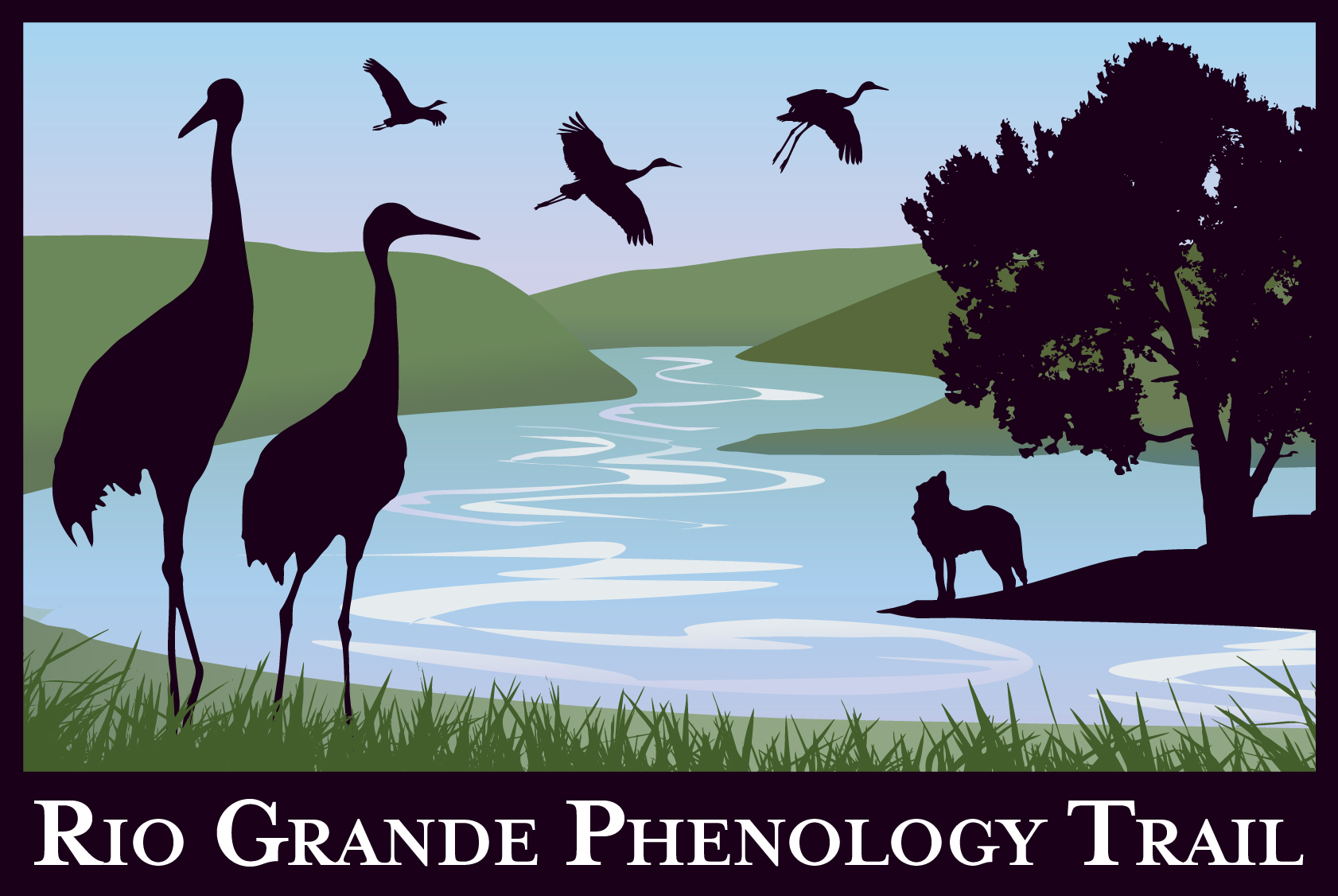 Logo shows Sandhill Cranes and coyote with cottonwood tree along the Rio Grande 